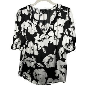 Haver Black & White Floral Print Half Sleeve V-Neck Blouse Women's Small